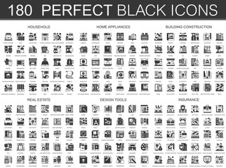 Poster - 180 household, home appliances, building construction, real estate, design tools, insurance classic black mini concept symbols. Vector modern icon pictogram illustrations set.