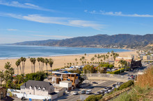 View Of Santa Monica Beach And Pacific Coast Highway In Southern California.