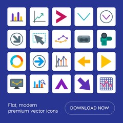 Poster - Modern Simple Set of arrows, charts, video, cursors Vector flat Icons. Contains such Icons as right,  next,  direction, page,  click,  note and more on blue background. Fully Editable. Pixel Perfect