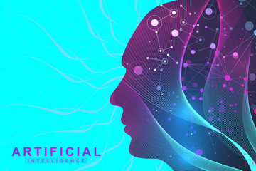 Leinwandbilder - Futuristic Artificial Intelligence and Machine Learning Concept.. Human Big Data Visualization. Wave Flow Communication, Scientific vector illustration.
