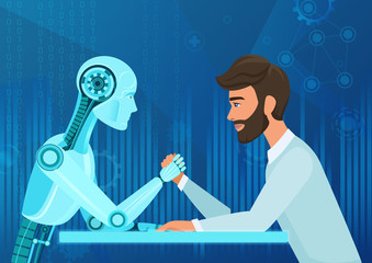 Aufkleber - Vector cartoon Human businessman office manager man vs robot artificial intelligence pulling rope competition. Near future battle.
