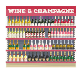 Supermarket shelf display with wine and champagne.