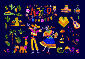 Wall Mural - Big vector set of mexico elements, skeleton characters, animals in flat hand drawn style isolated on dark background. Icons for fiesta, celebration, national pattern, decoration, traditional food.