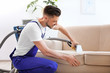 © New Africa - Dry cleaning worker removing dirt from sofa indoors