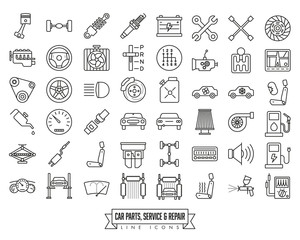 Car parts, service and repair line icon set