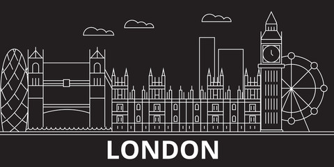 London silhouette skyline. Great Britain - London vector city, british linear architecture, buildings. London line travel illustration, landmarks. Great Britain flat icon, british outline design