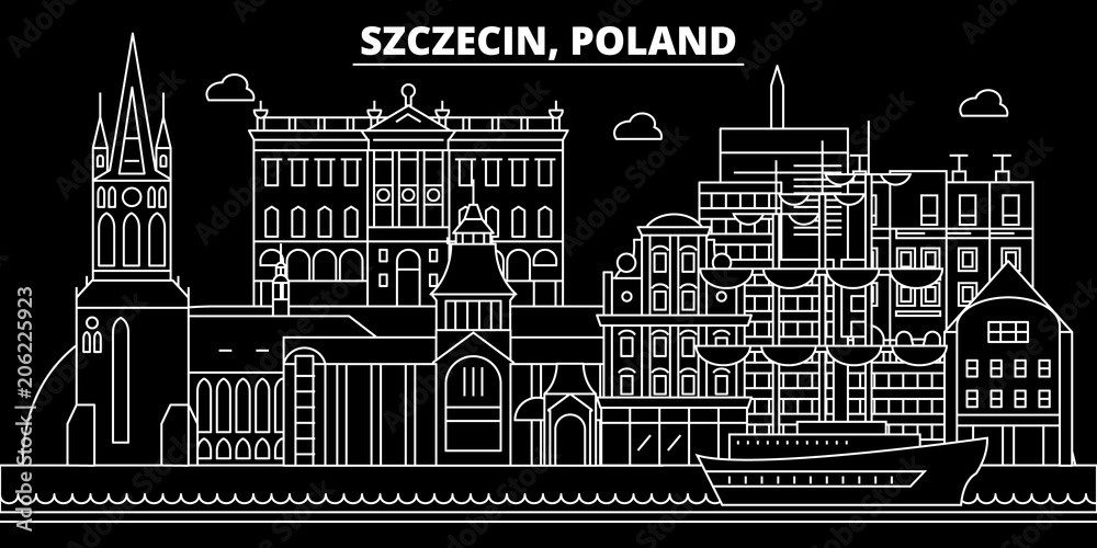 Szczecin silhouette skyline. Poland - Szczecin vector city, polish linear architecture, buildings. Szczecin line travel illustration, landmarks. Poland flat icon, polish outline design banner - obrazy, fototapety, plakaty 