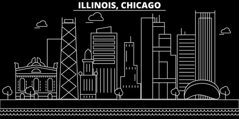 Wall Mural - Chicago silhouette skyline. USA - Chicago vector city, american linear architecture, buildings. Chicago line travel illustration, landmarks. USA flat icons, american outline design banner