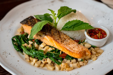 Thai fusion food,Fried salmon and stir fried mushroom and basil with rice and fish sauce chilli