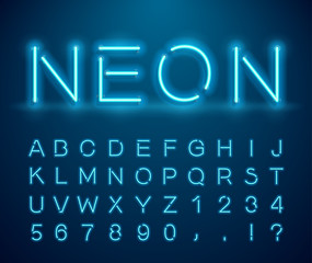 Poster - set of letters in neon style. vector font with light effect. set of letters, numbers, text and font.