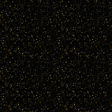 Tiny Gold Glittering Spangles, Sparks, Splatter Or Night Sky With Golden Stars Vector Seamless Pattern. Hand Drawn Spray, Splash, Specks Texture. Uneven Dots On Black Background Endless Template.