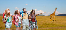 Travel, Tourism, Hike And Adventure Concept - Group Of Smiling Friends With Backpacks Pointing Finger To Something Over Giraffe In African Savannah Background