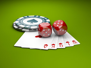 Poster - Play cards with casino poker chips and dice. Casino Games 3D Illustration