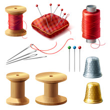 Vector 3d Realistic Tailor Set. Wooden Reel With Threads, Needles For Dressmaking, Needlework. Sewing Atelier Collection. Metal Thimble And Pin Cushion For Handmade, Hobby