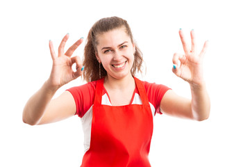 Poster - Woman supermarket worker making ok gesture.