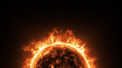 a big sun surface with solar flares and copy space on black background, global warming concept. abst