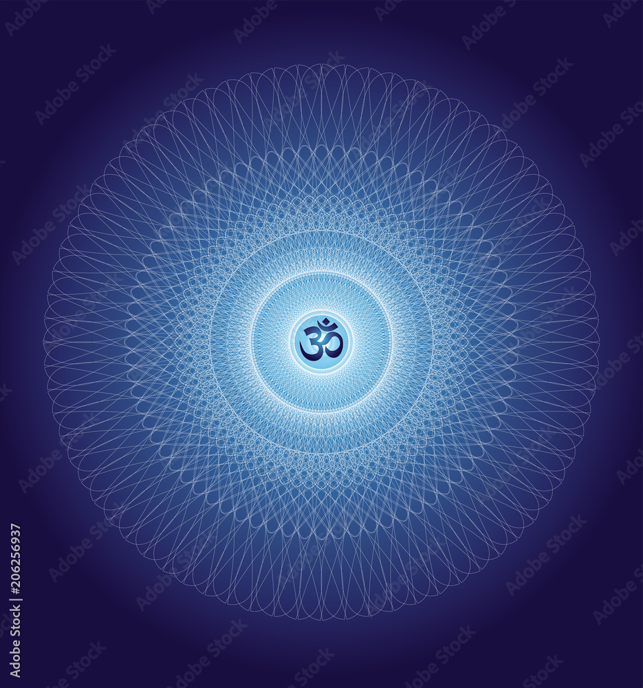 Openwork white-blue mandala with a sign of Aum (Om, Ohm) on a dark blue background. A graceful geometric pattern. Vector graphics. - obrazy, fototapety, plakaty 
