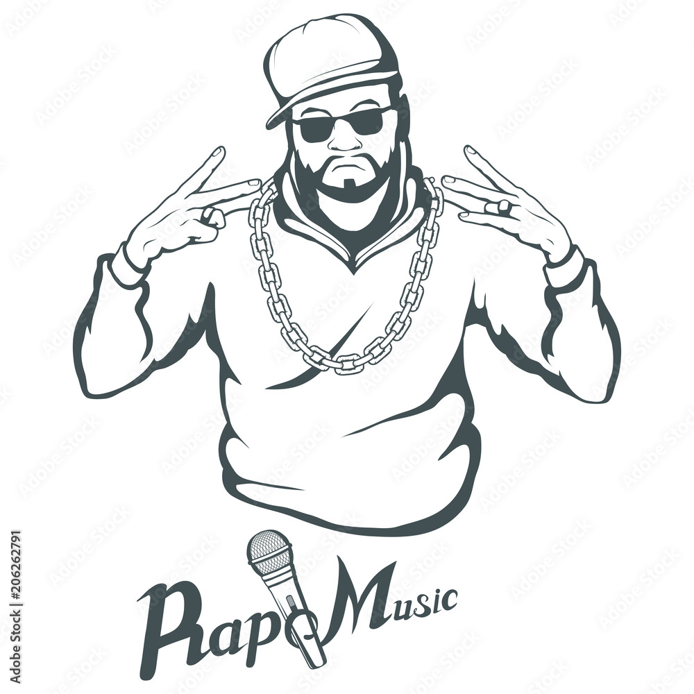 Rap music logo. Rapper skull on white background. Lettering with a microphone. Vector graphics to design. - obrazy, fototapety, plakaty 