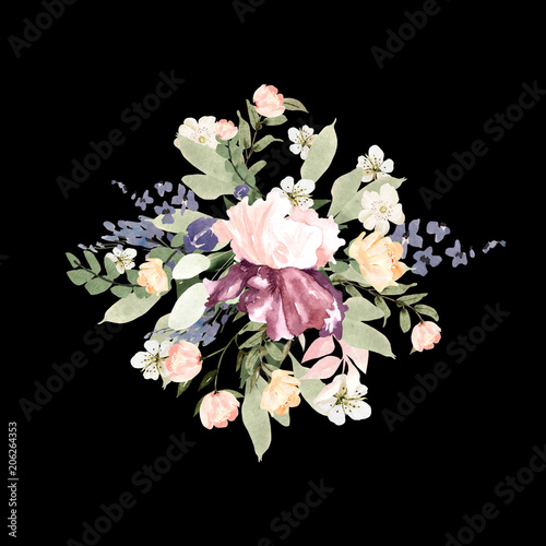 A beautiful watercolor bouquet with roses and iris flowers.