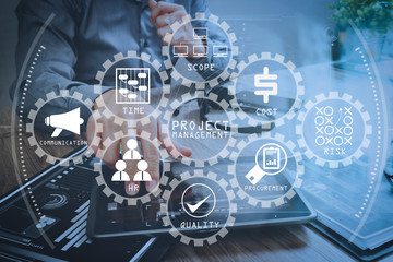 Poster - Businessman hand using VOIP headset with digital tablet computer,document,concept communication, it support, call center and customer service help desk