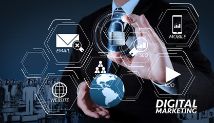 Aufkleber - businessman hand show 3d world  with padlock as Internet security online business concept