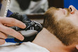 © sergo321 - The barber shears the beard and mustache of a man with a hipster.
