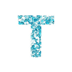Fototapete - Alphabet letter T uppercase. Liquid font made of blue water drops. 3D render isolated on white background.
