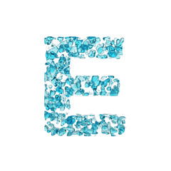 Fototapete - Alphabet letter E uppercase. Liquid font made of blue water drops. 3D render isolated on white background.