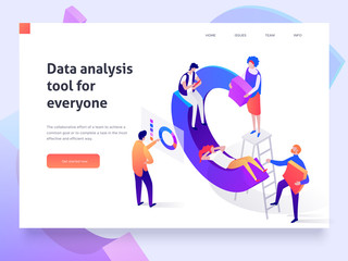 People in a team build a pay chart and interact with graphs. Data analysis, and office situations. Landing page template. 3d isometric illustration