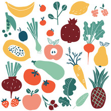 Set With Hand Drawn Colorful Doodle Fruits And Vegetables. Sketch Style Big Vector Collection. Flat Icons Set: Berries, Cucumber, Carrot, Onion, Tomato, Apple, Pineapple, Lemon.