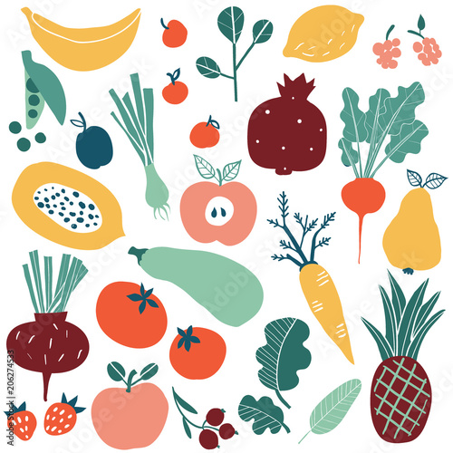 Cuadros en Lienzo Set with hand drawn colorful doodle fruits and vegetables