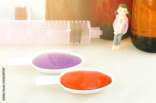 Fotografie, Obraz Syrup medication in teaspoon with oral syringe and medicine bottle background