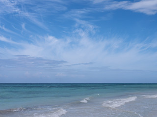 Wall Mural - Empty tropical beach background. Horizon with sky and white sand