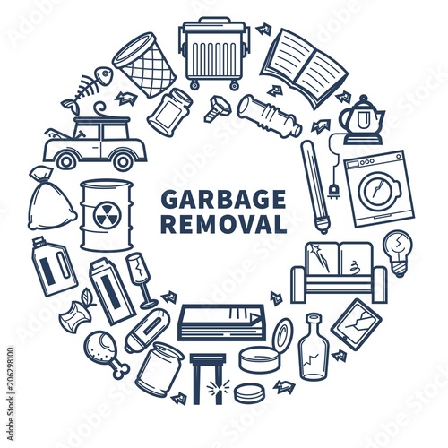 Cuadros en Lienzo Garbage removal promo monochrome emblem with rubbish in circle