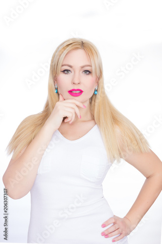 Close Up Beauty Portrait Blonde With Long Hair She With Bright