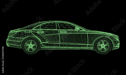 Obraz Dibond Model ma sedan premium. Ilustracja wektorowa w formie zielonej wielokąta trójkątne siatki na czarnym tle.