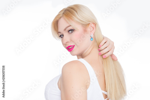 Close Up Beauty Portrait Blonde With Long Hair She With Bright