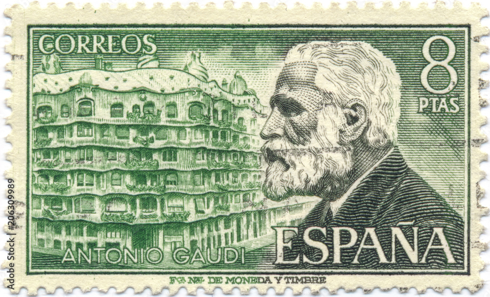 Antoni Gaudi. Spanish postage stamp from 1960 - obrazy, fototapety, plakaty 