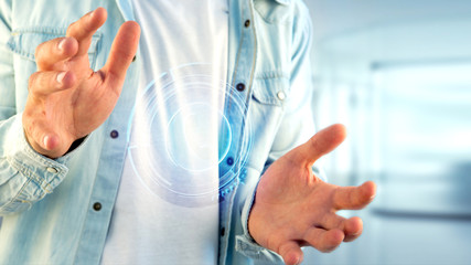 Poster - Businessman holding a Shinny technologic phone button - 3d render