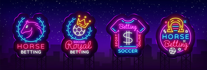 Wall Mural - Betting Collection Logos in Neon Style. Set Neon signs Betting Sports, Horse, Soccer. Design Element. Betting Online, symbol, icon, emblem. Light banner, bright night advertising. Vector. Billboard