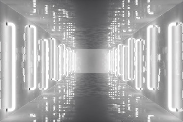 Poster - 3D rendering abstract room interior with neon lights. Futuristic architecture background. Mock-up for your design project