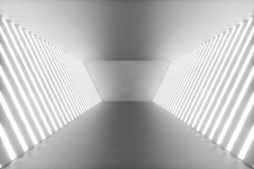 Poster - 3D rendering abstract room interior with neon lights. Futuristic architecture background. Mock-up for your design project