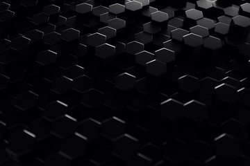 Poster - Abstract geometric surface. Hexagonal black background. 3D Rendering