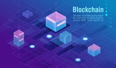 Poster - Cryptocurrency and blockchain concept, data powered center, cloud data storage isometric vector illustration. Web design, presentation banner.