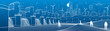 City infrastructure industrial and energy illustration panorama. Hydro power plant. River Dam. People walking. Airplane fly. White lines on blue background. Vector design art
