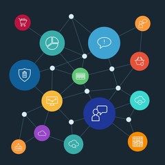 Leinwandbilder - Abstract background with polygonal connected lines. Set of networking, charts, chat and messenger, security, shopping outline icons. Can be use for websites, mobile apps, presentations.