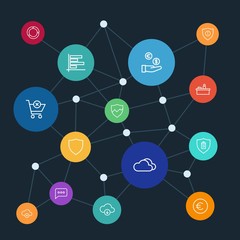 Leinwandbilder - Abstract background with polygonal connected lines. Set of networking, charts, chat and messenger, security, shopping outline icons. Can be use for websites, mobile apps, presentations.