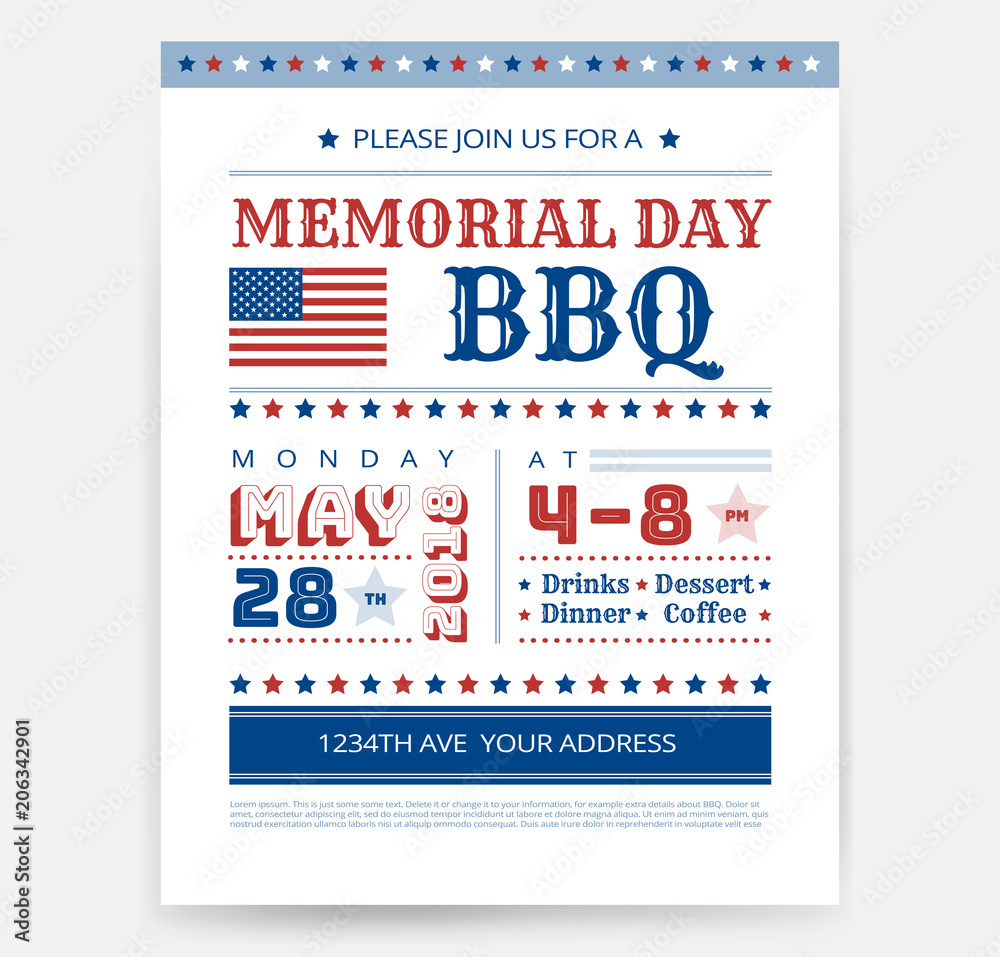 Memorial Day barbeque BBQ flyer, leaflet, letter invitation design ...