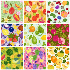 Wall Mural - Fruit pattern seamless vector fruity backdrop and fruitful exotic wallpaper with fresh slices of watermelon apples and tropical fruits background illustration set