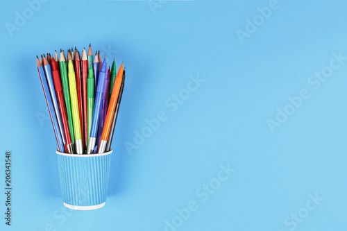 Fotografie, Obraz concept school, MINIMALISM, Metal holder, pencils, Still life, copy space